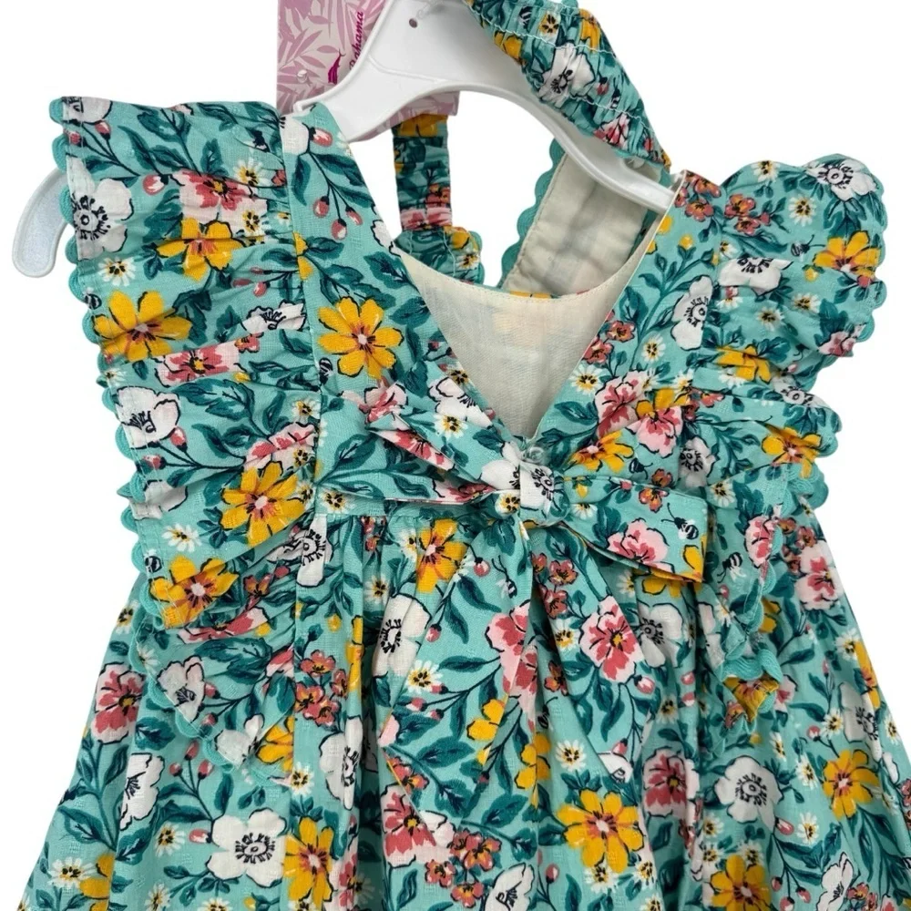 NWT Tommy Bahama Teal Blue Yellow Floral Scallop Flowy Dress & Headband 18 Month